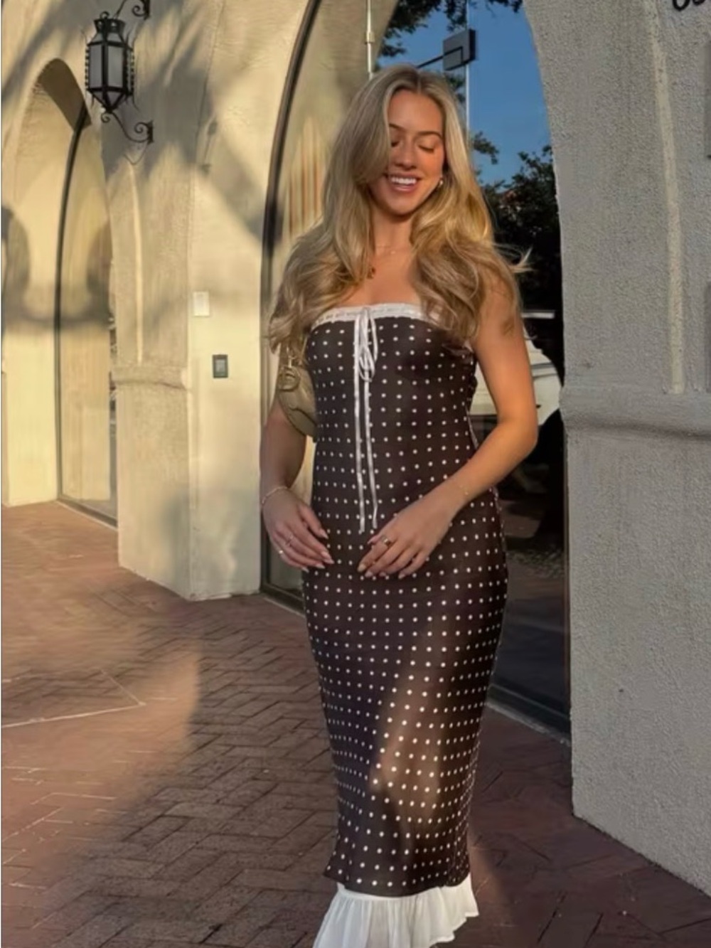 For Love & Lemons Black Polka Dot Strapless Midi Dress with White Trim